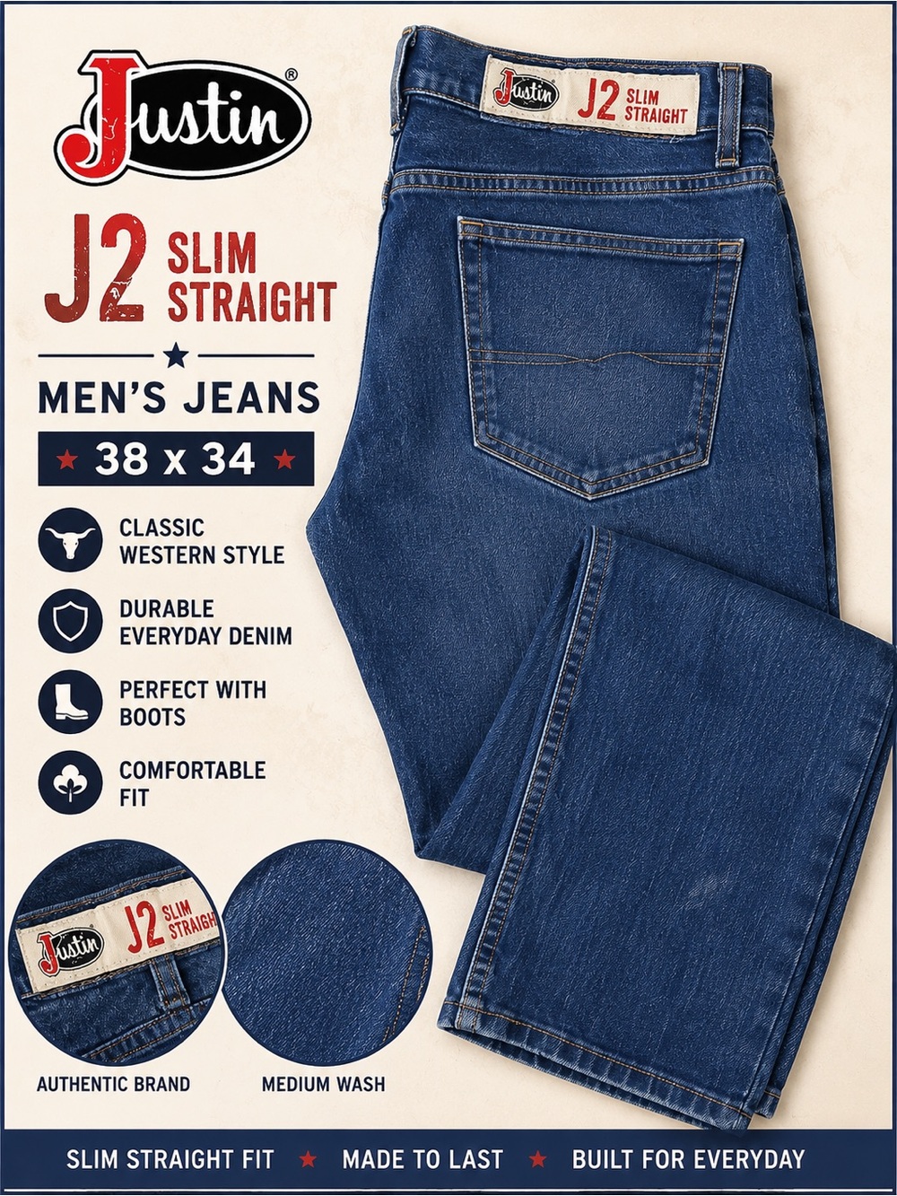 Justin Boots J2 Slim Straight Men's Jeans - Medium Blue Wash